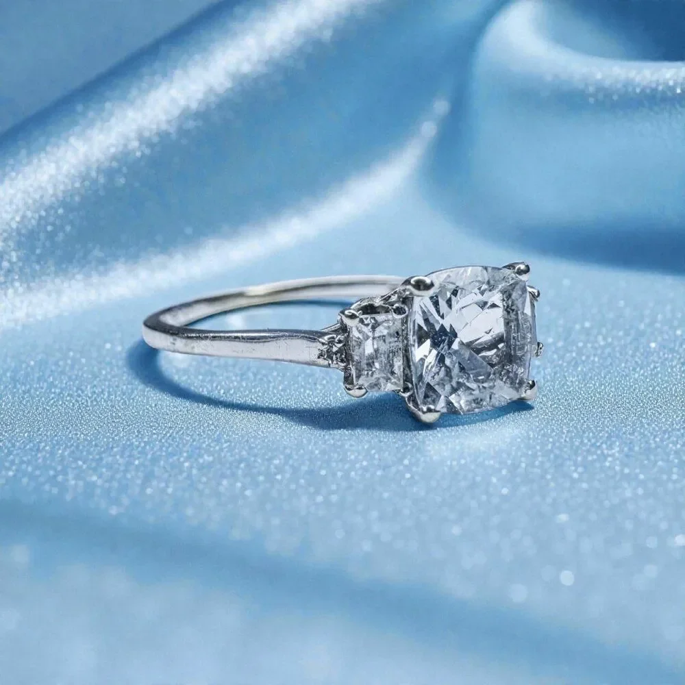 10K White Gold -Natural Aquamarine & Diamond Ring -Size 8- Cushion Cut- 1.5g